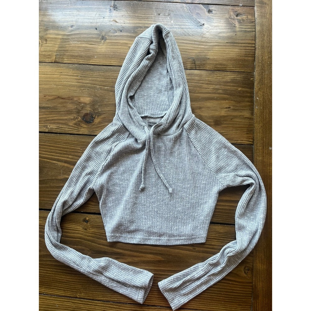 Gymshark Womens XS Light Grey Ribbed Knit Cropped Hoodie Raglan Pullover
